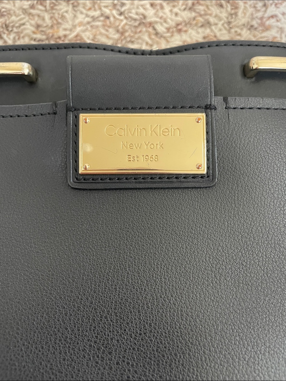 Calvin Klein Black Leather Tote with Gold Logo Plate